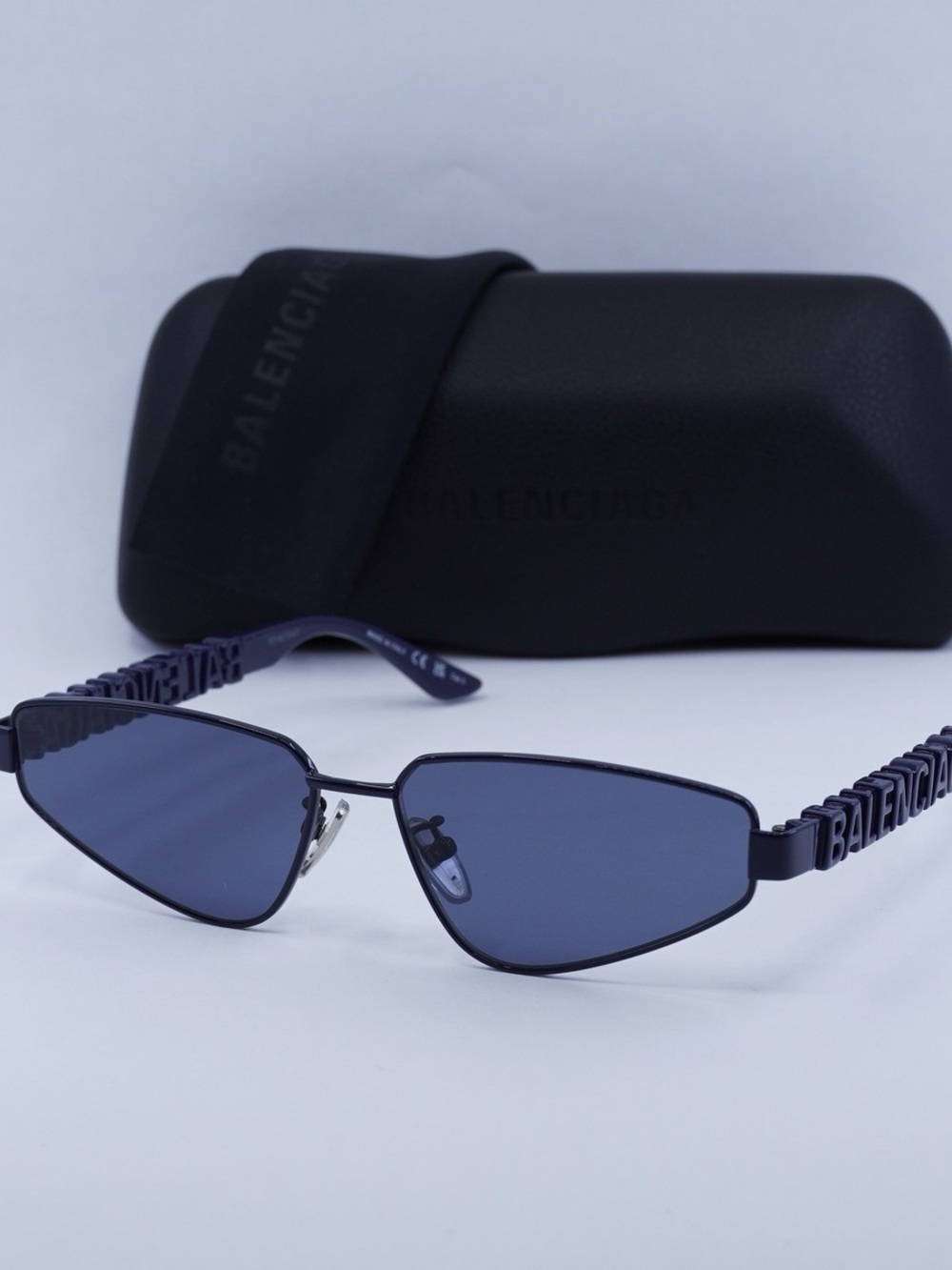 Balenciaga Black Frame Navy Blue Lens Logo-Embellished Temple Sunglasses